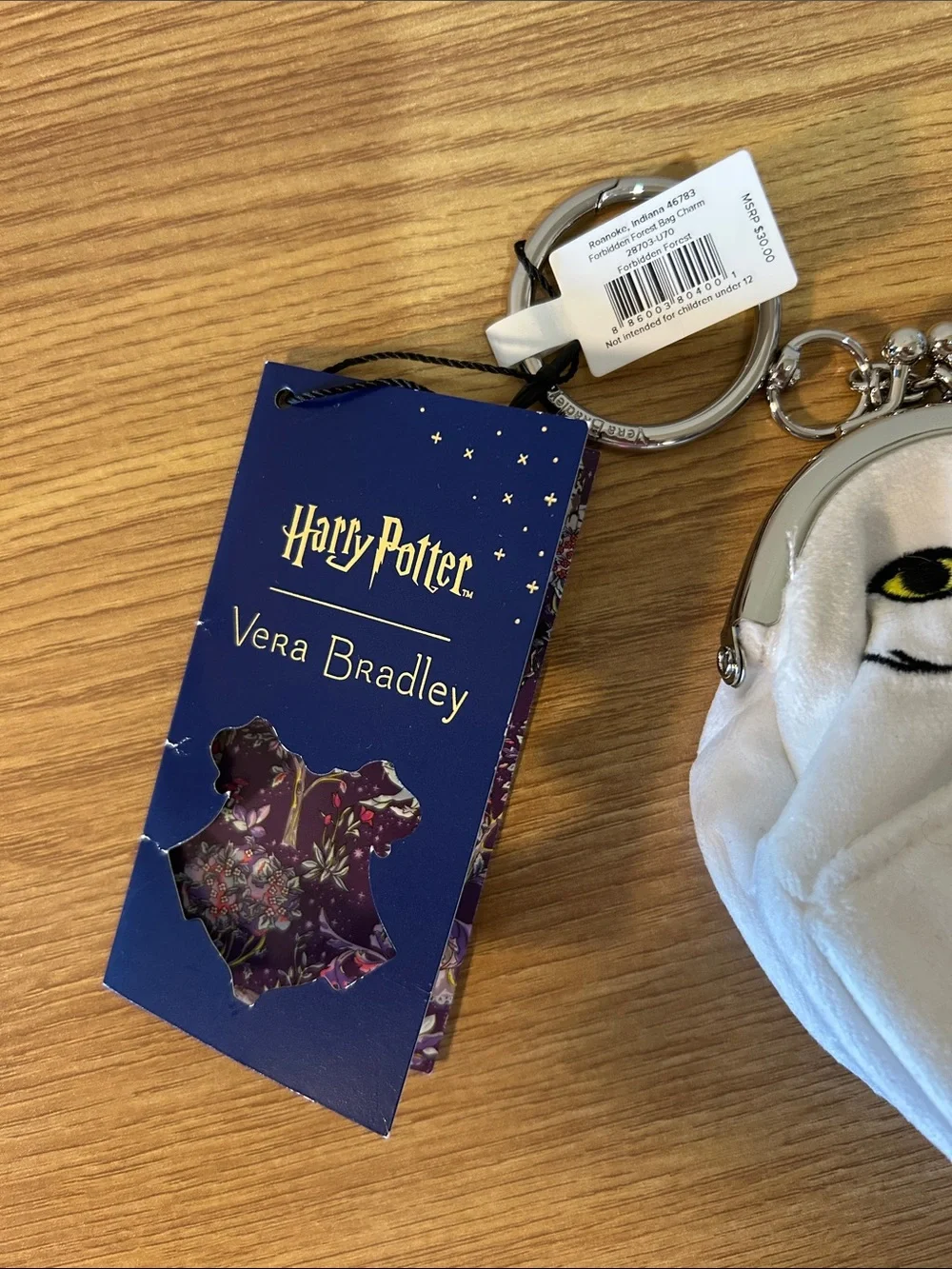 Vera Bradley White Owl Coin Purse Keychain with Yellow Eyes